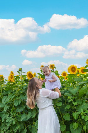 A beautiful young woman with a small child in her arms in a sunflower field. A mother hugs her little daughterの写真素材
