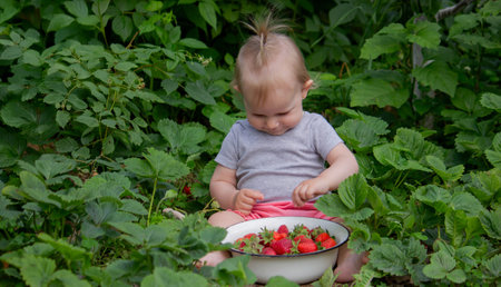 little girl eating strawberries in the gardenの写真素材