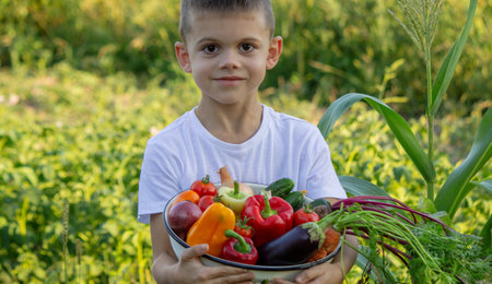 Child with a bowl of fresh vegetables in the garden.の写真素材