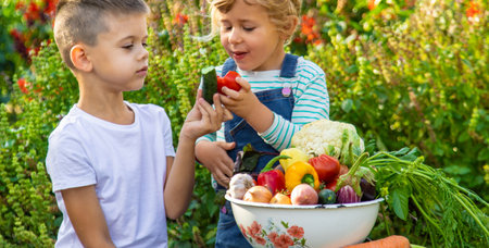 Children with a bowl of vegetables in the garden family harvest gathering. Selective focus.の写真素材