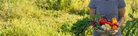 Female farmer holding bowl with fresh vegetables, harvesting in garden.