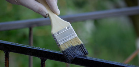 a man paints metal with black paint with a brush. Selective focus.の写真素材