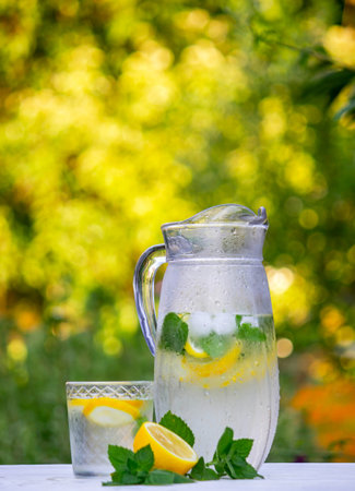 Glass of lemonade with lemons and fresh mint, on a light background in the gardenの写真素材