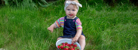 Little girl in the garden eating strawberries.の写真素材