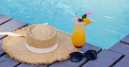 A nice cocktail, hat and sunglasses by the pool.の写真素材