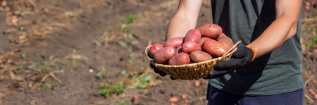 man holding potatoes harvesting. Selective focus.の写真素材