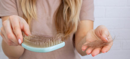 Woman's hair is falling out. hairbrush,hair loss.の写真素材