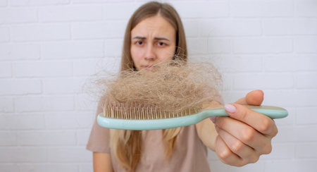 Woman's hair is falling out. hairbrush,hair loss.の写真素材