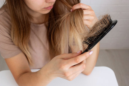 The woman holds a hair brush and vitamins from hair loss. Selective focus.の写真素材