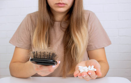 The woman holds a hair brush and vitamins from hair loss. Selective focus.の写真素材