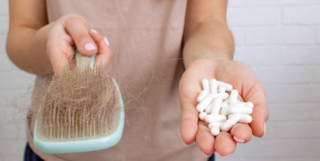 The woman holds a hair brush and vitamins from hair loss. Selective focus.の写真素材