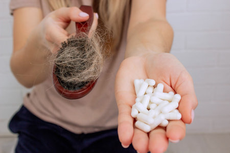 The woman holds a hair brush and vitamins from hair loss. Selective focus.の写真素材