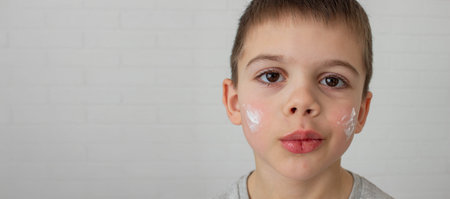 boy applying cream to his face for dry skin