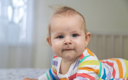newborn baby girl playing with her feet, wearing a beautiful rainbow colored jumpsuit on the bed at...