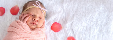 baby girl sleeping on white background and rose petals around.の写真素材