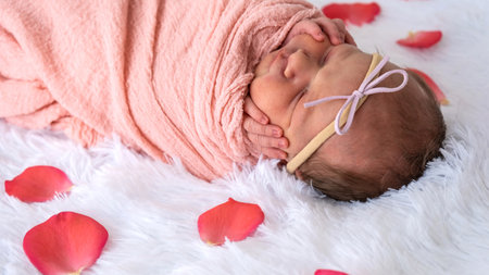 baby girl sleeping on white background and rose petals around.の写真素材
