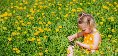 a little girl looks through a magnifying glass in a meadow of dandelions.の写真素材
