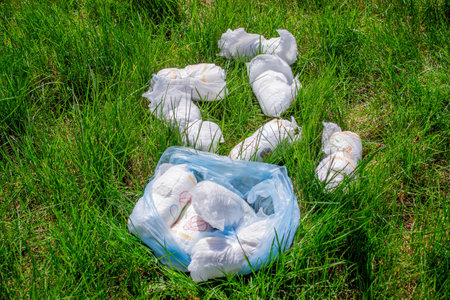 Diaper waste, dirty diapers. Disposal. The impact of disposable diapers on the environment. Environmental pollutionの写真素材
