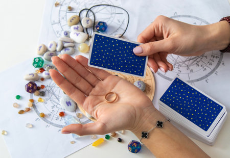 A fortune teller reads with tarot cards. Selective focus.の写真素材