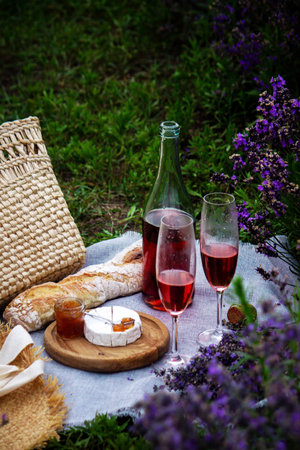 Picnic in a lavender field, wine in glasses. Relaxの写真素材