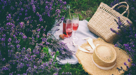 Picnic in a lavender field, pink champagne in glasses. Relaxの写真素材