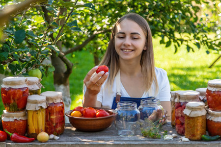 Woman Preserving Tomatoes and Vegetables in Garden.の写真素材