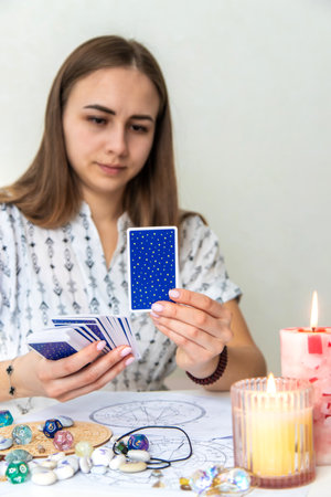 Tarot Card Reading with Candles and Crystals.の写真素材