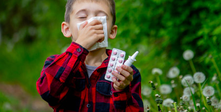 The boy has allergies. He is blowing on a dandelion.の写真素材