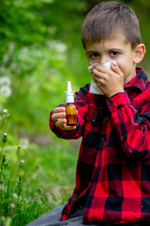 The boy is blowing on a dandelion. Seasonal allergies.の写真素材