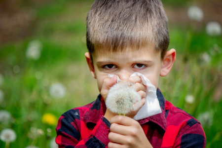 The boy has allergies. He is blowing on a dandelion. Seasonal allergies.の写真素材