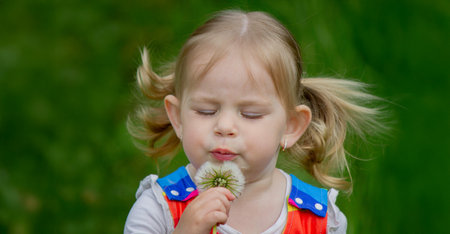 Adorable cute little girl blowing on a dandelion flower on the street in summer.の写真素材