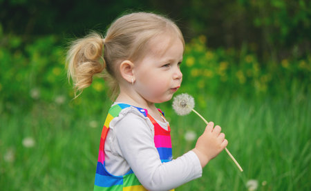 Adorable cute little girl blowing on a dandelion flower on the street in summer. Kidの写真素材