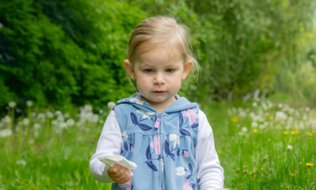 Cute little girl blowing on a dandelion flower outside in summer. Allergy in a Kidの写真素材