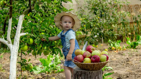 little girl picking apples in the garden. Selective focus.の写真素材