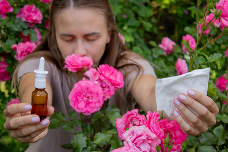 Allergy to flowers. Woman in the garden with a napkin allergy. Selective focus.の写真素材