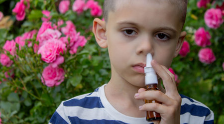 Child Sneezing from Flower Allergy. Selective focus.の写真素材