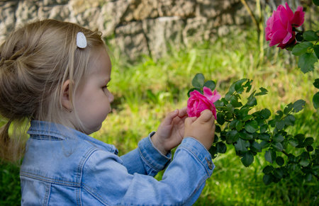 little girl allergic to roses. Selective focus.の写真素材