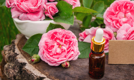 Rose essential oil in a bottle.essential oilsの写真素材
