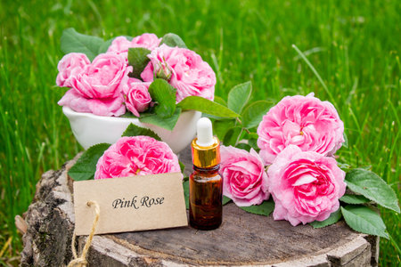 Rose essential oil in a bottle.essential oilsの写真素材