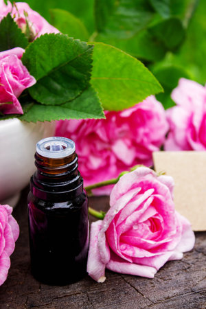 Rose essential oil in a bottle.essential oilsの写真素材