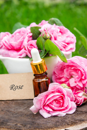 Rose essential oil in a bottle.essential oilsの写真素材