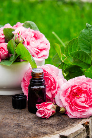 Rose essential oil in a bottle.essential oilsの写真素材