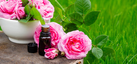 Rose essential oil in a bottle.essential oilsの写真素材