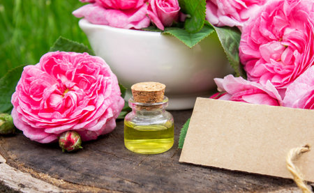 Rose essential oil in a bottle.essential oilsの写真素材
