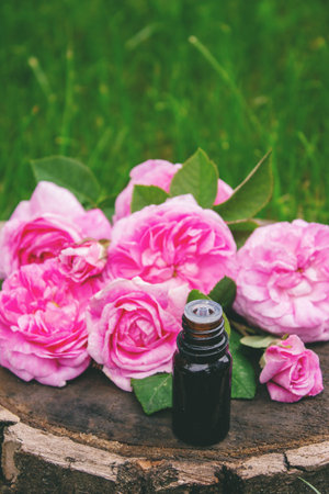 Rose essential oil in a bottle.essential oilsの写真素材