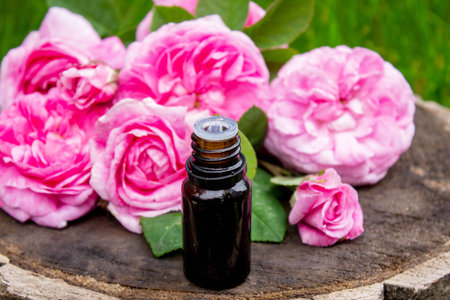 Rose essential oil in a bottle.essential oilsの写真素材