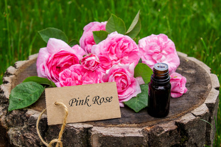Rose essential oil in a bottle.essential oilsの写真素材
