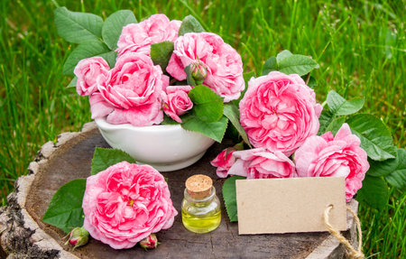 Rose essential oil in a bottle.essential oilsの写真素材