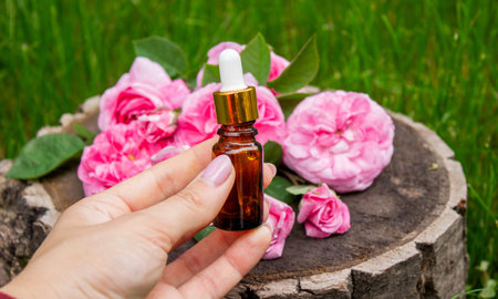 Rose essential oil in a bottle.essential oilsの写真素材