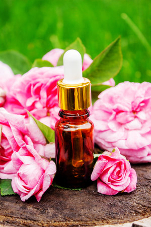 Rose essential oil in a bottle.essential oilsの写真素材